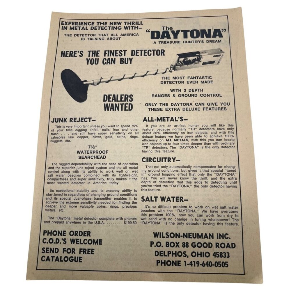 Daytona Metal Detector Print Ad Vintage 70s Wilson Neuman Delphos OH